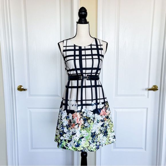 Jessica Simpson 2 Black White Unique Plaid Design Colorful Floral Bottom w/ Belt - Picture 1 of 16